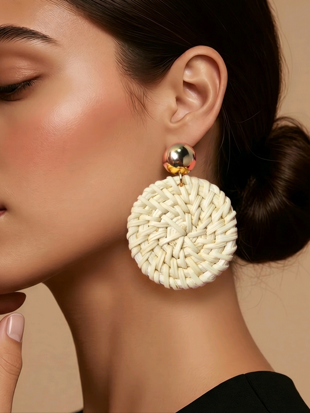 Round Rattan Circle Earrings Gold Stud Boho Coastal Raffia Statement Jewelry NWT